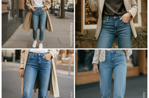 A woman wearing stylish daydreaming embellished straight leg jeans with pearl details, paired with a white top and heels in a bright, modern setting.