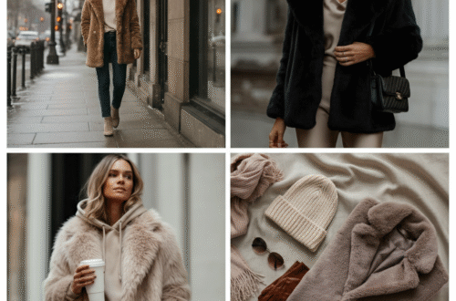 A woman wearing a stylish camel-colored freya faux fur coat on a city street in winter.