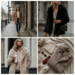 A woman wearing a stylish camel-colored freya faux fur coat on a city street in winter.