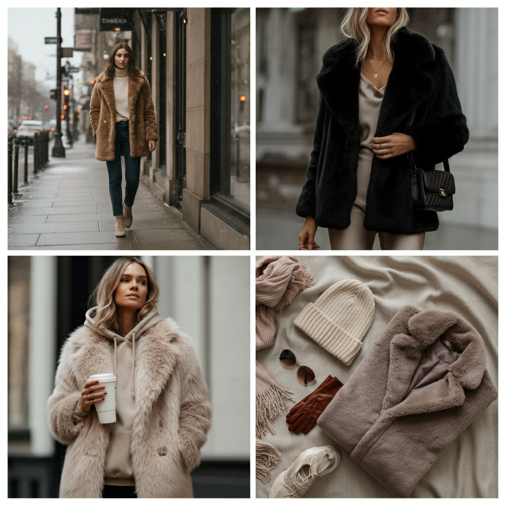 A woman wearing a stylish camel-colored freya faux fur coat on a city street in winter.