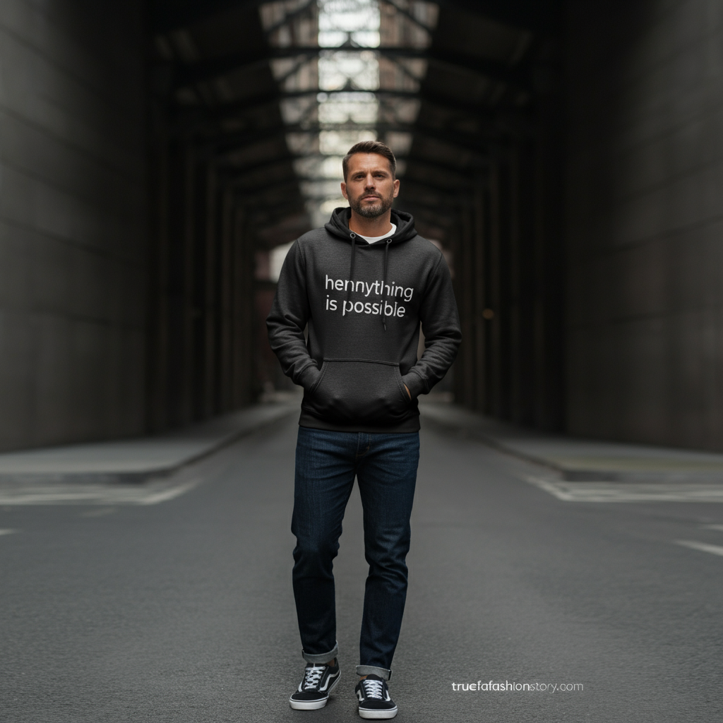 A person wearing a stylish black 'hennything is possible hoodie' paired with jeans, standing against a neutral urban background.