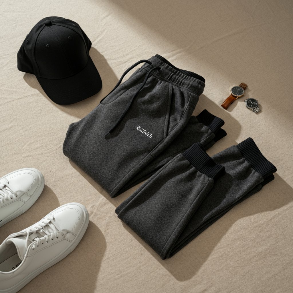 A stylish person wearing black von dutch joggers with a matching hoodie and white sneakers, posing against a neutral urban background.