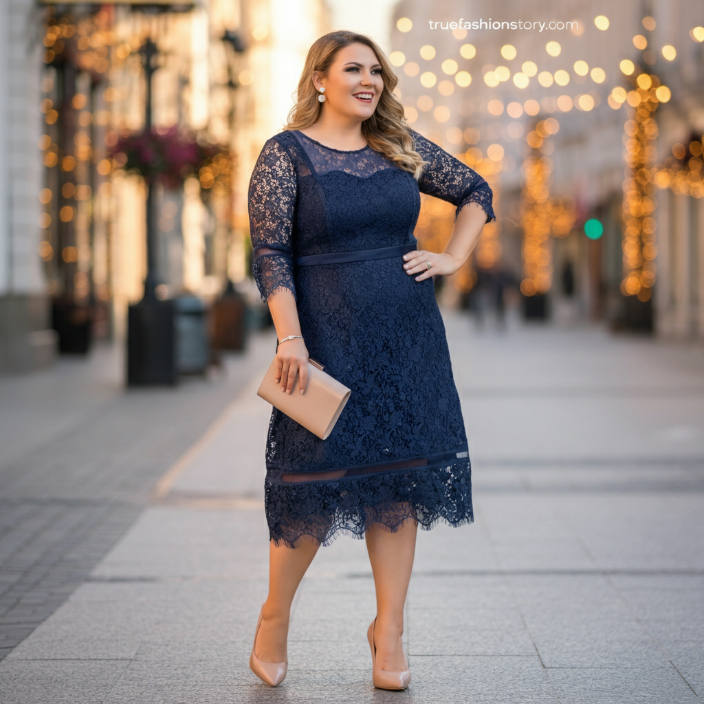A woman wearing an elegant navy blue midi lace dress, smiling in a beautifully lit room.