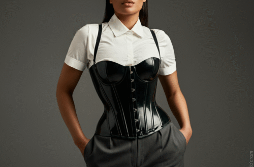 A person wearing a sleek black underbust latex corset over a white blouse, showcasing its waist-cinching effect.