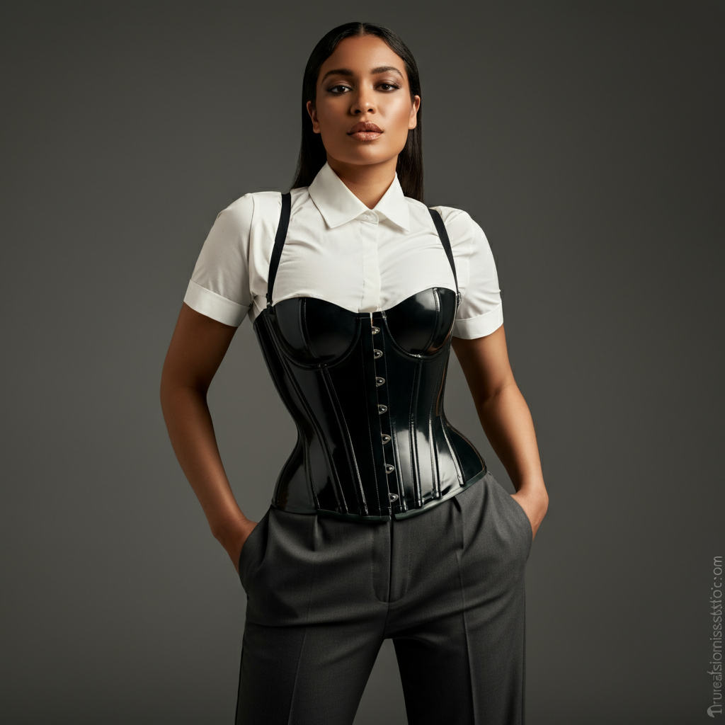 A person wearing a sleek black underbust latex corset over a white blouse, showcasing its waist-cinching effect.