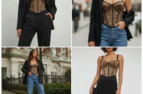 A woman confidently wearing a stylish leopard corset top paired with black high-waisted trousers, showcasing a chic evening outfit.