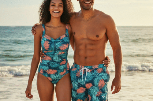 A happy couple wearing matching couple swimwear with a tropical print, standing on a white sand beach with turquoise water in the background.