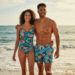 A happy couple wearing matching couple swimwear with a tropical print, standing on a white sand beach with turquoise water in the background.