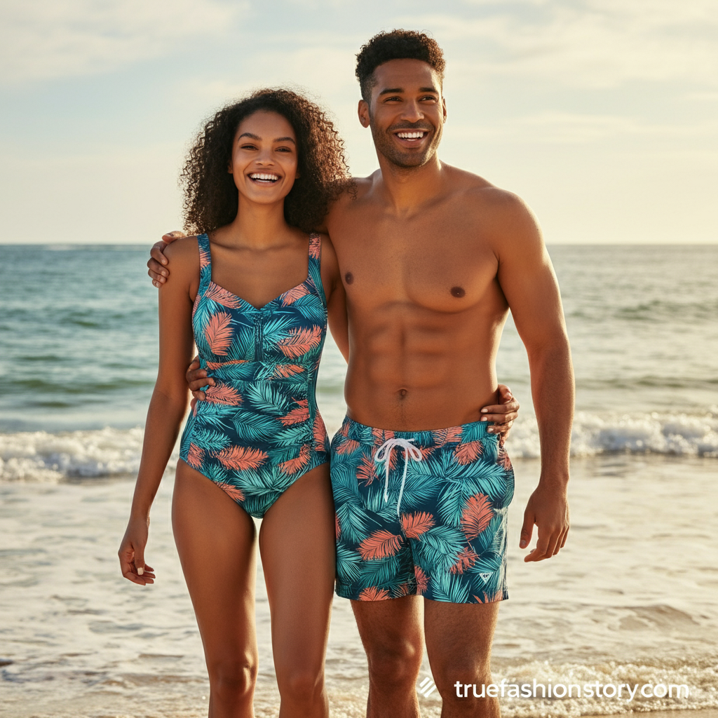 A happy couple wearing matching couple swimwear with a tropical print, standing on a white sand beach with turquoise water in the background.