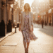 A stylish woman wearing a floral Miss Selfridge midi dress in a chic urban setting.