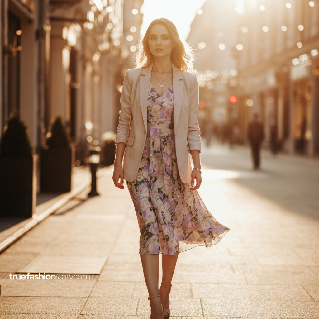A stylish woman wearing a floral Miss Selfridge midi dress in a chic urban setting.