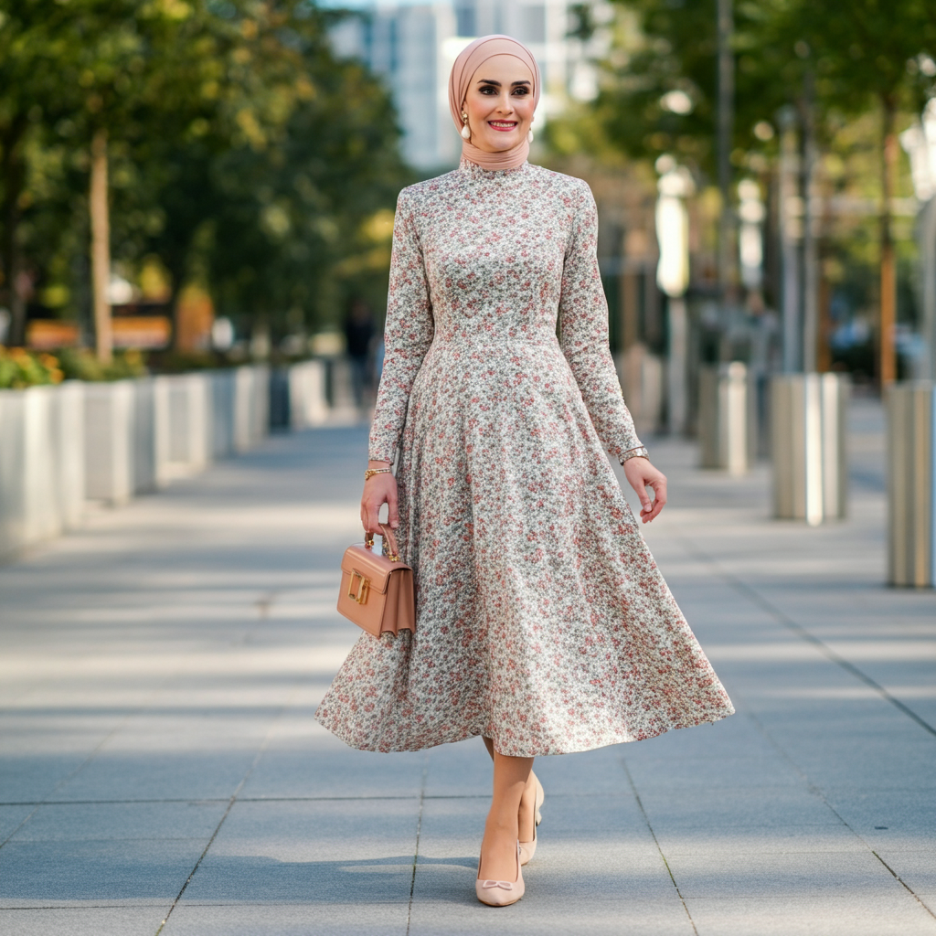 A woman smiling and wearing a stylish long-sleeve floral modest midi dress in a bright, modern setting.