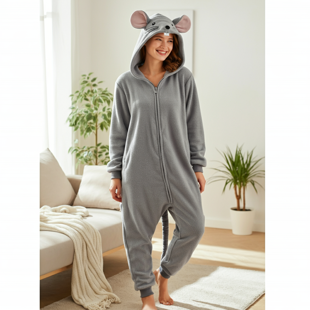 A person smiling and relaxing on a couch while wearing a comfortable gray mouse onesie with large ears on the hood.