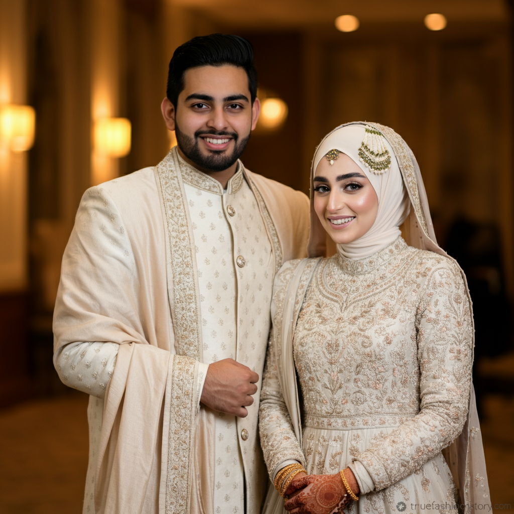 A smiling bride and groom in elegant muslim marriage clothes, with the bride wearing an embroidered lehenga and the groom in a classic sherwani.