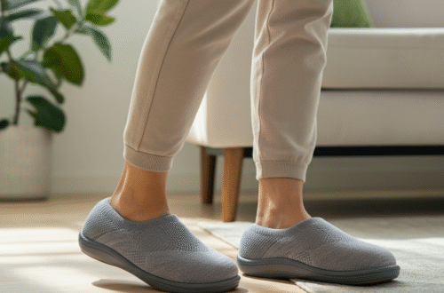 A stylish pair of gray orthopedic slippers on a clean, white background, showcasing the contoured footbed and arch support.