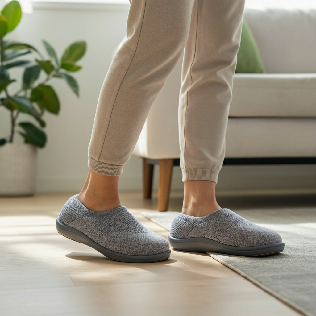 A stylish pair of gray orthopedic slippers on a clean, white background, showcasing the contoured footbed and arch support.