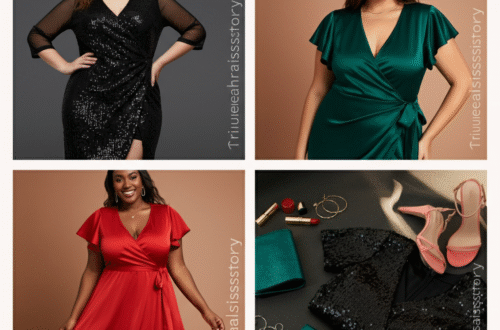 A confident woman with curves smiling and wearing a stylish black sequin club dress plus size at an evening event.