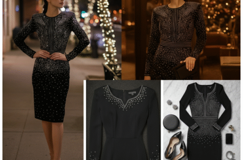 A woman looking elegant and confident wearing a floor-length isabela rhinestone dress black black at a formal event.