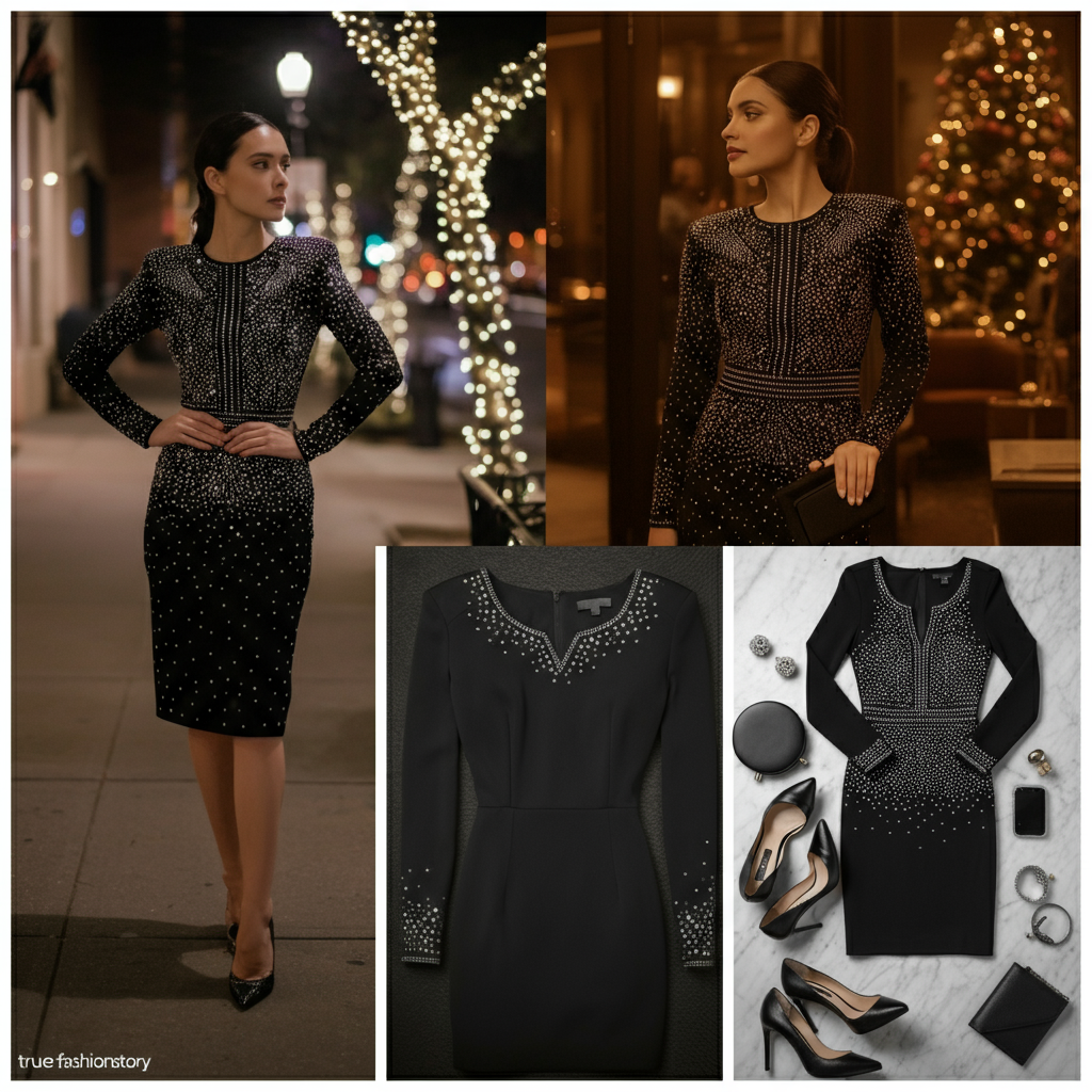 A woman looking elegant and confident wearing a floor-length isabela rhinestone dress black black at a formal event.