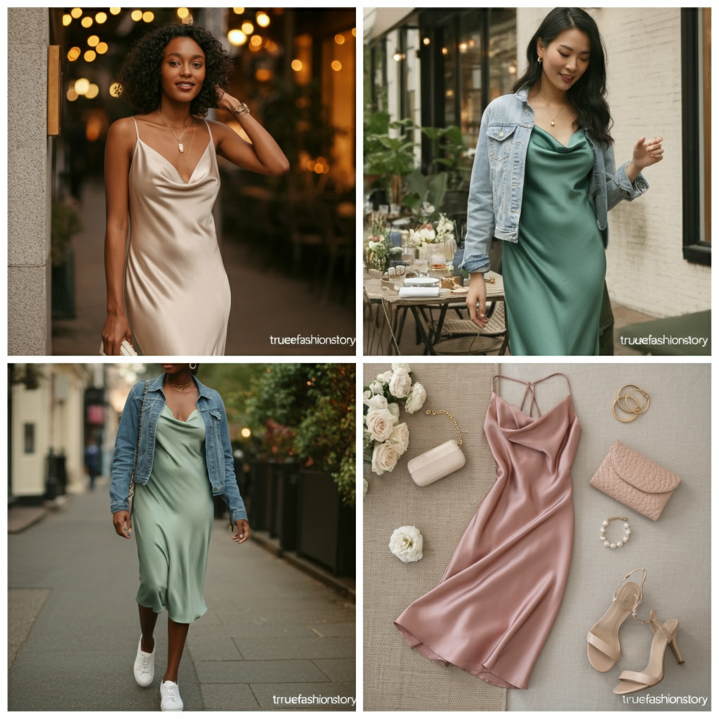 A woman wearing a champagne-colored satin midi dress, elegantly styled for an evening event with minimal jewelry.