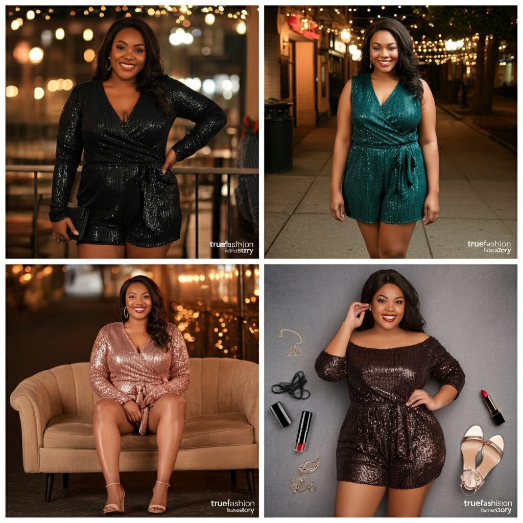 A smiling woman wearing a stylish black plus size sequin romper at a festive party.