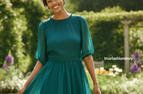A woman smiling while wearing a floral print midi smocked dress in a sunny garden.