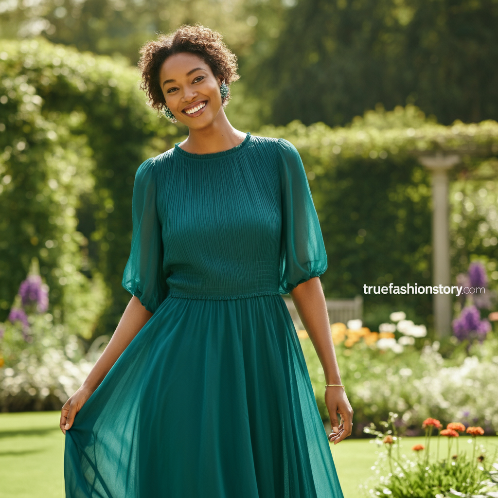 A woman smiling while wearing a floral print midi smocked dress in a sunny garden.