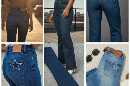 A person wearing stylish blue star butt jeans, showcasing the star design on the back pockets.
