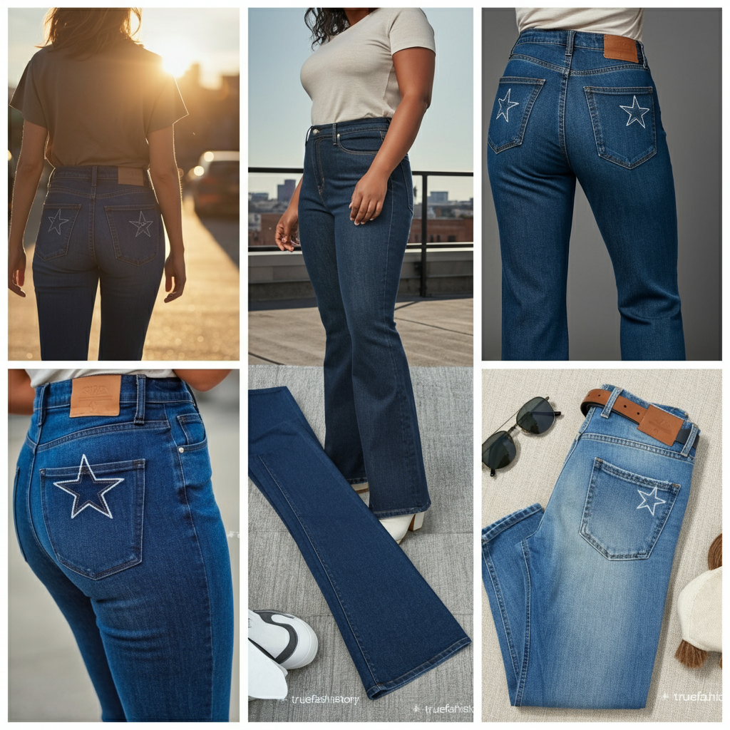 A person wearing stylish blue star butt jeans, showcasing the star design on the back pockets.