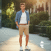 A diverse collection of stylish men's and women's shorts, including denim, linen, and chino styles, arranged neatly on a bright, summery background.