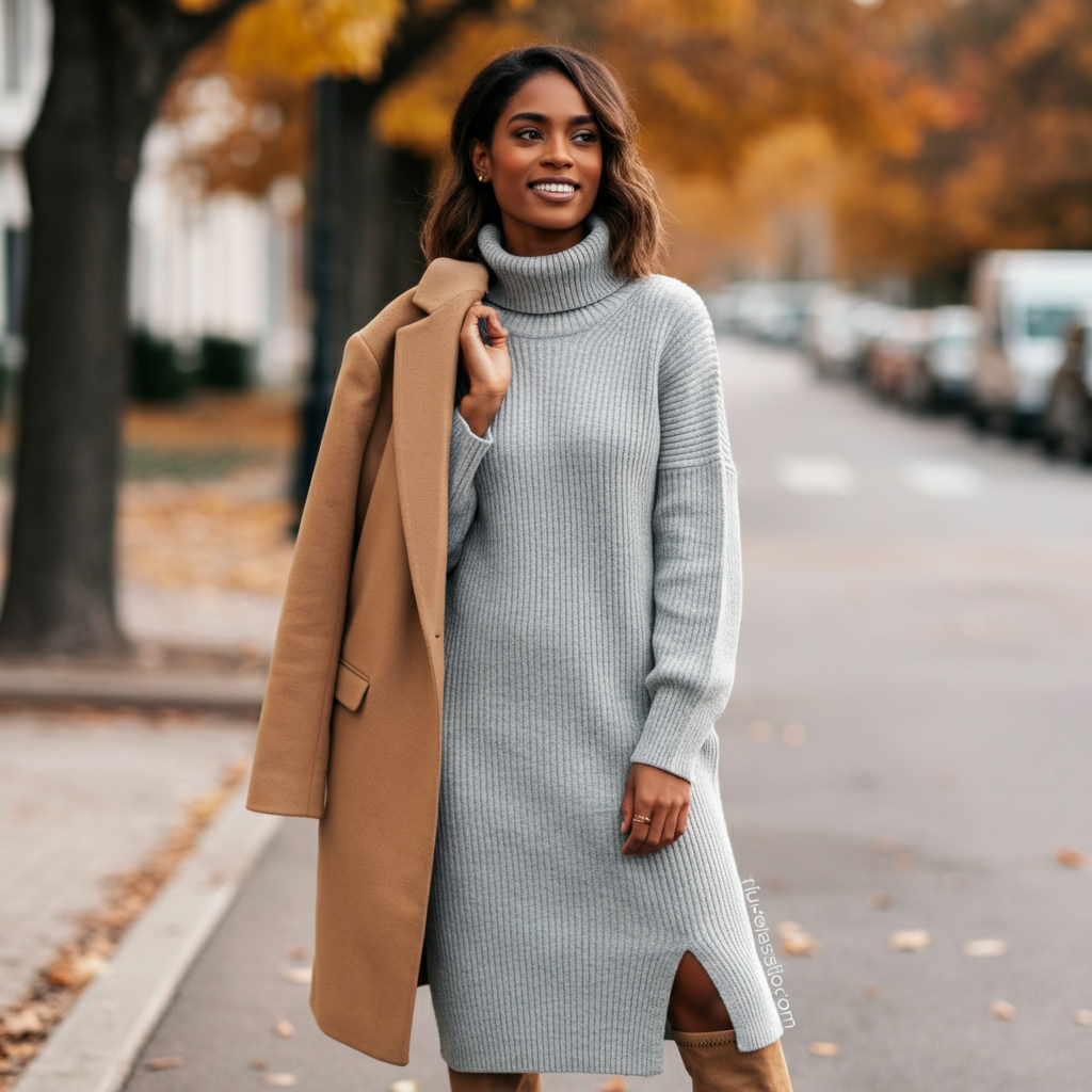 A woman smiling while wearing a stylish gray turtleneck sweater dress and brown leather boots, standing in front of a fall-colored background.
