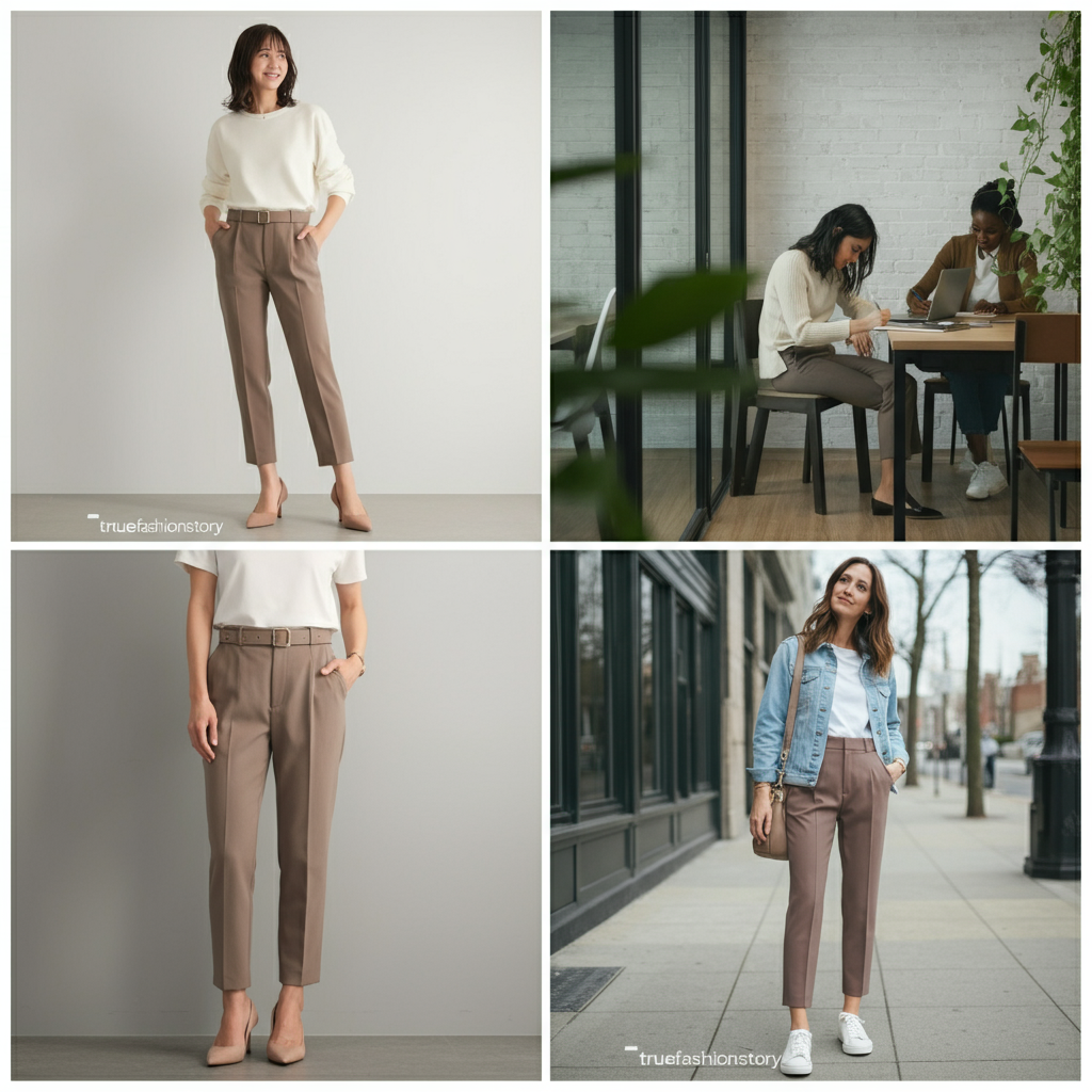 A woman wearing the stylish and versatile victoria high waisted dress pants - taupe with a white blouse in a modern office setting.