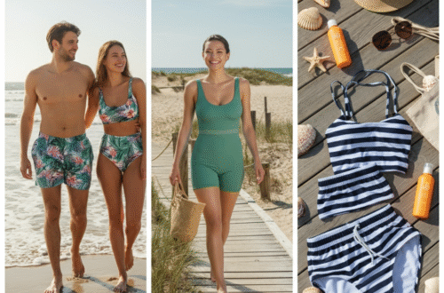 A happy couple on a beach wearing a matching tropical print his and hers swimsuit.