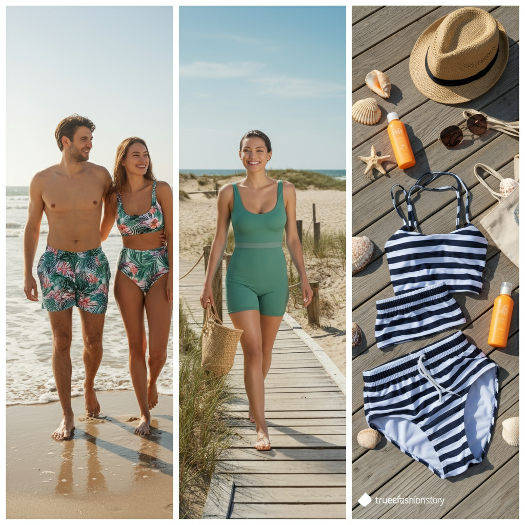 A happy couple on a beach wearing a matching tropical print his and hers swimsuit.
