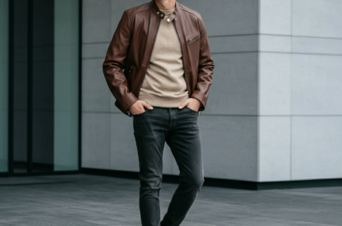 A stylish man wearing a classic black leather biker jacket on a city street.