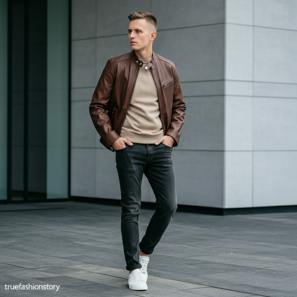 A stylish man wearing a classic black leather biker jacket on a city street.