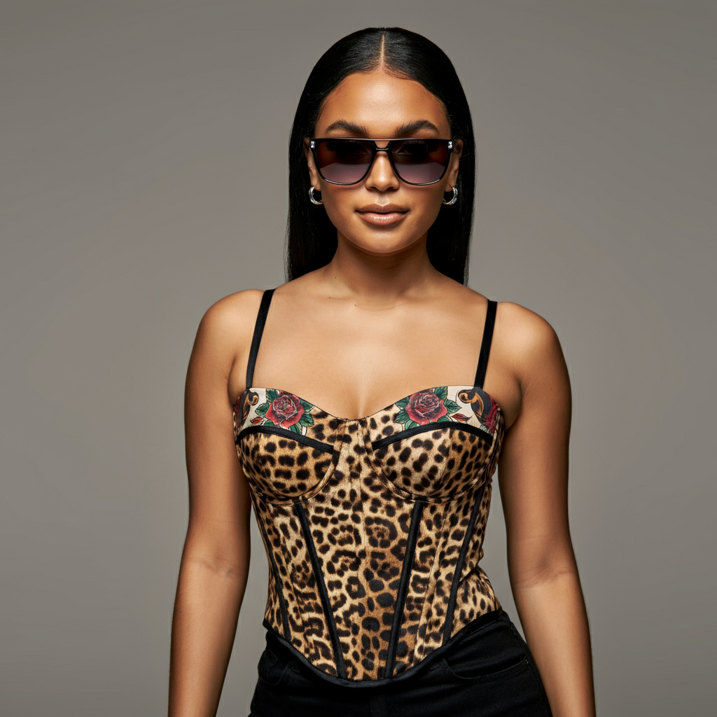 A stylish person wearing a pair of black Ed Hardy shield sunglasses with a visible tiger tattoo graphic on the side.