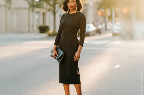 A woman wearing a stylish long sleeve black dress in a modern setting.