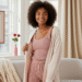 A flat lay of pink and red loungewear and lingerie items from the Skims Valentines collection on a soft background.