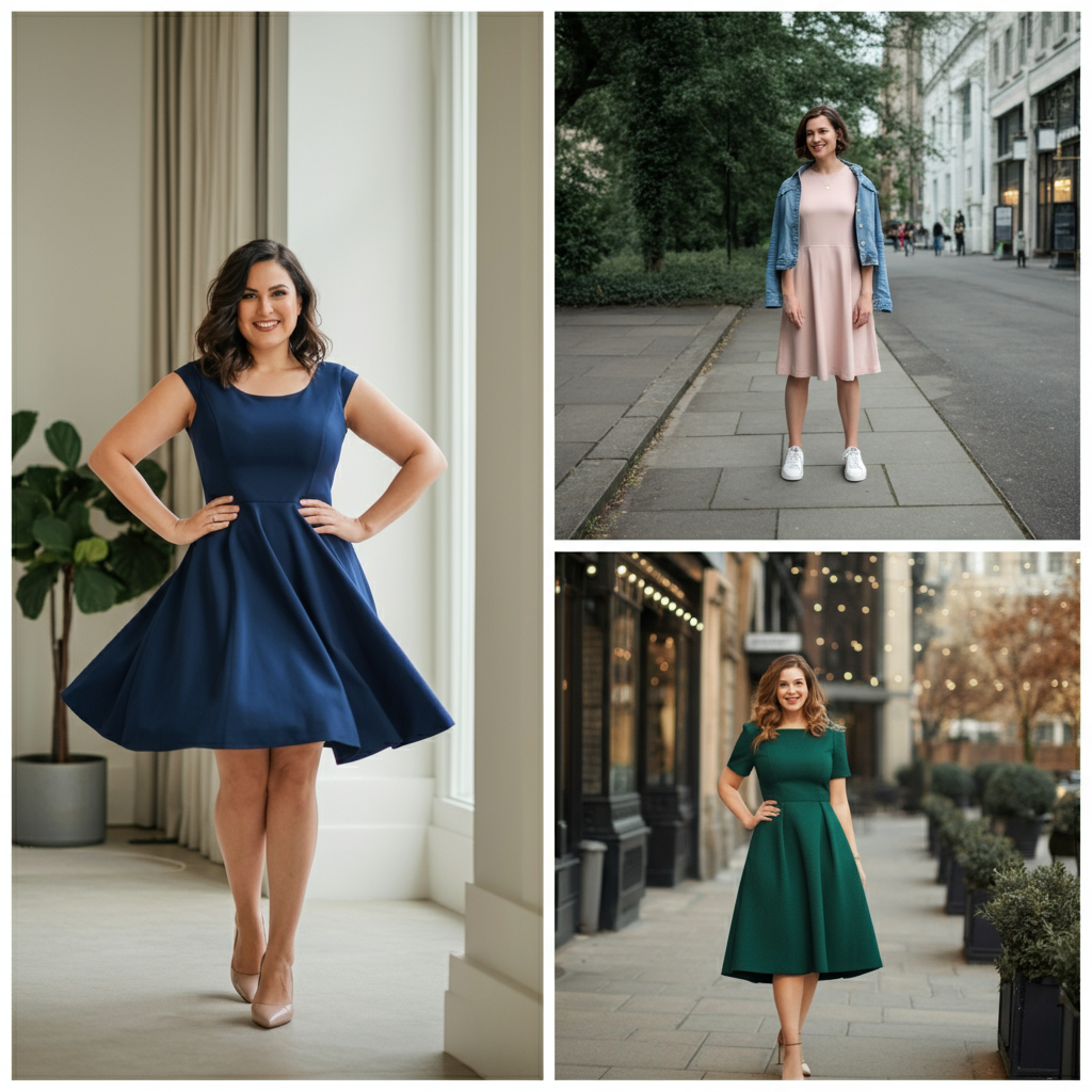A woman smiling confidently while wearing a stylish blue fit-and-flare center of the youniverse dress in a bright, modern setting.