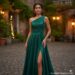 A woman confidently smiling while wearing a beautiful emerald and green dress at a garden party.