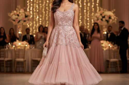 A bride smiling joyfully in a stylish and comfortable short reception dress, dancing at her wedding.