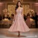 A bride smiling joyfully in a stylish and comfortable short reception dress, dancing at her wedding.