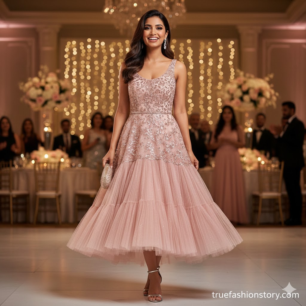 A bride smiling joyfully in a stylish and comfortable short reception dress, dancing at her wedding.