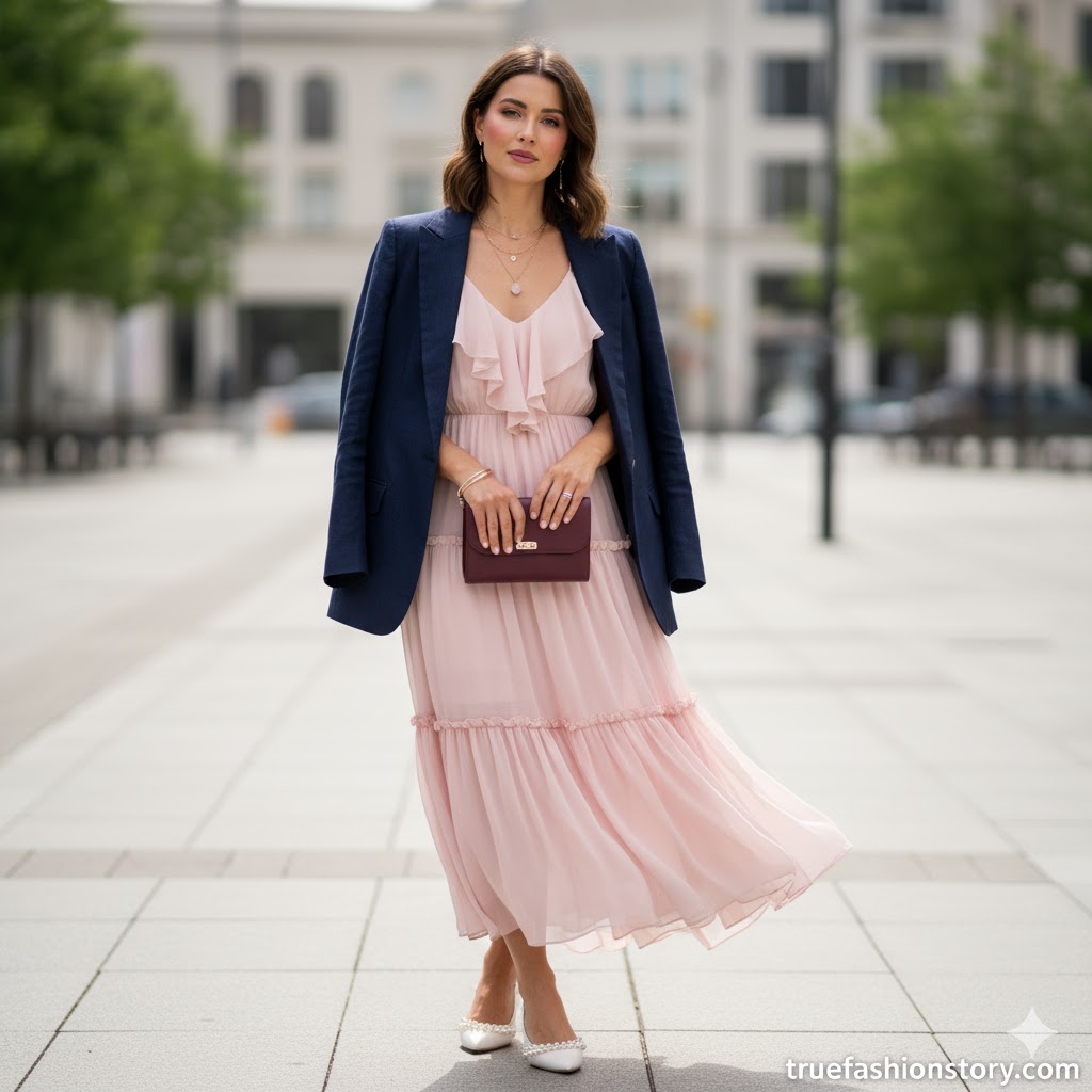 Woman wearing elegant light pink colour dress with accessories for summer outdoor event