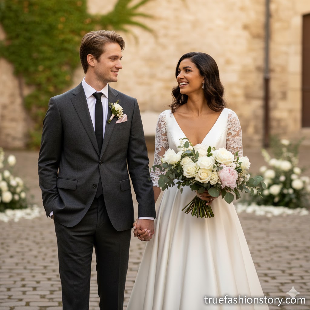 Happy bridal and groom couple in elegant wedding attire posing together on their wedding day