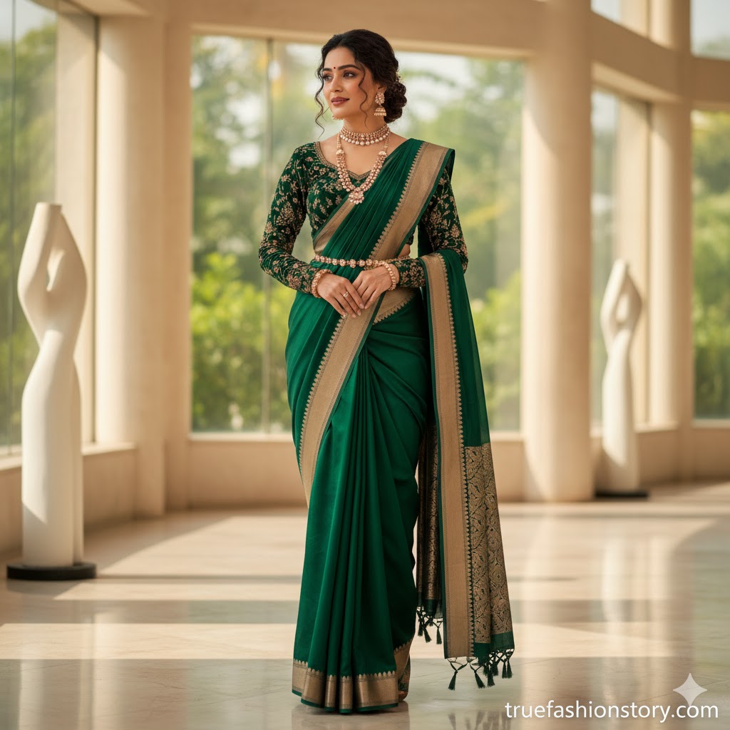Beautiful woman wearing traditional silk saree with elegant jewelry and accessories for special occasion