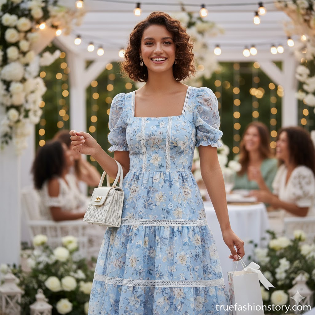 A happy bride-to-be smiling in a beautiful white lace bridal shower dress, surrounded by friends.