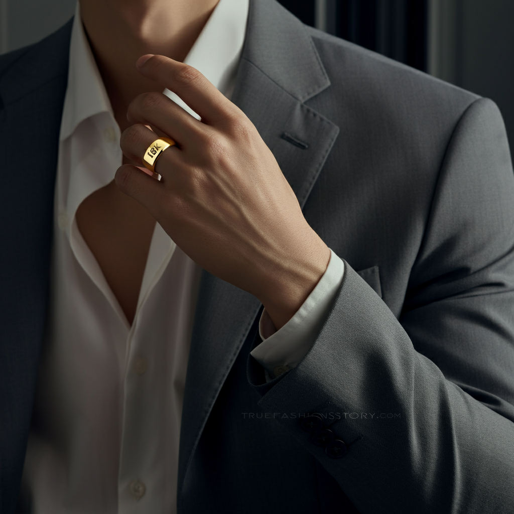 A stunning close-up of a polished 18k yellow gold ring sitting on a white surface, with its rich color highlighted by soft lighting.