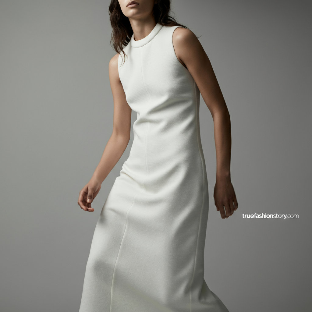 A woman smiling while wearing a stylish Aritzia white dress in a bright, sunny outdoor setting.